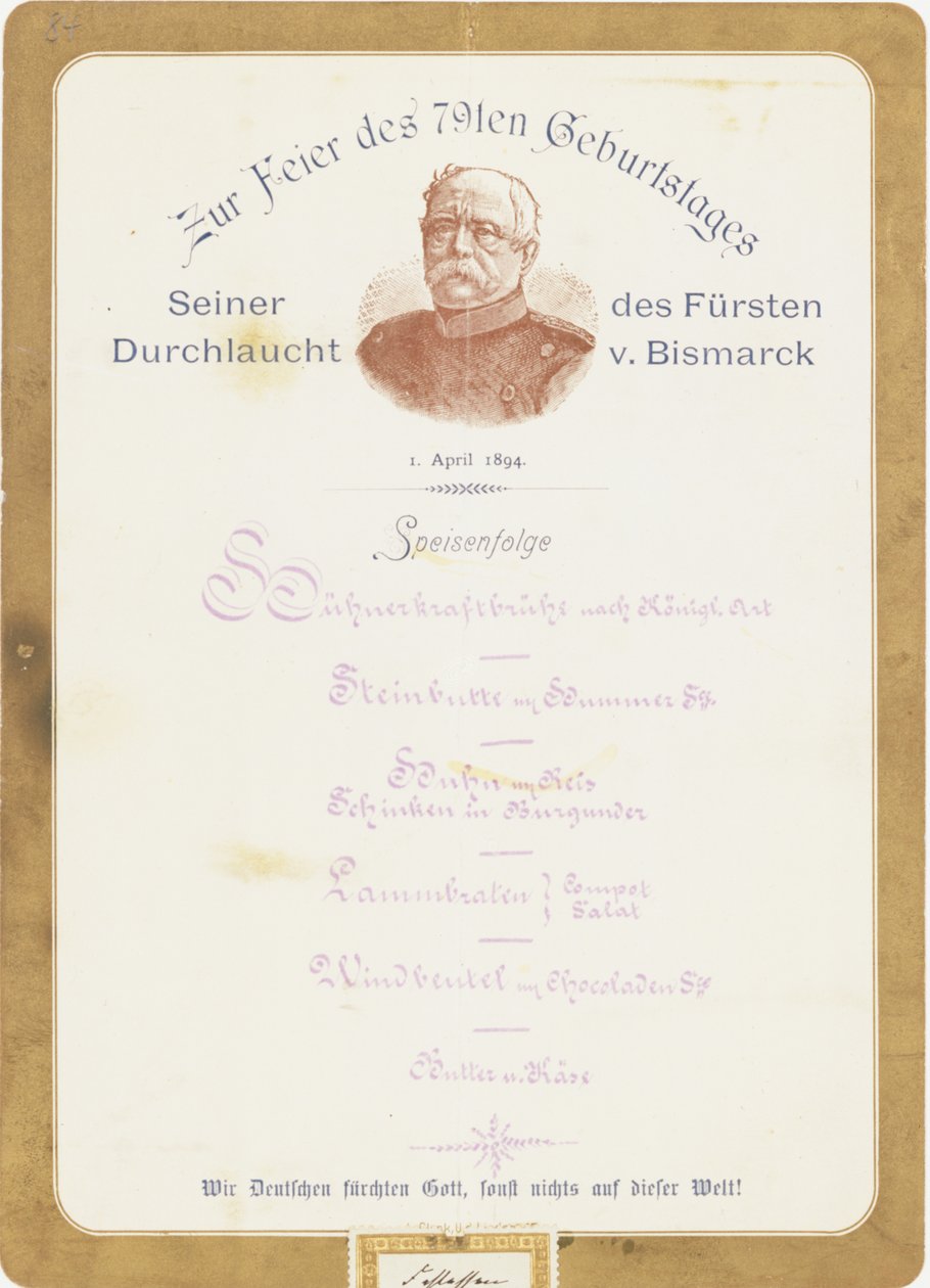 Menu ved prins von Bismarcks 79-års fødselsdag den 1. april 1894 af German School