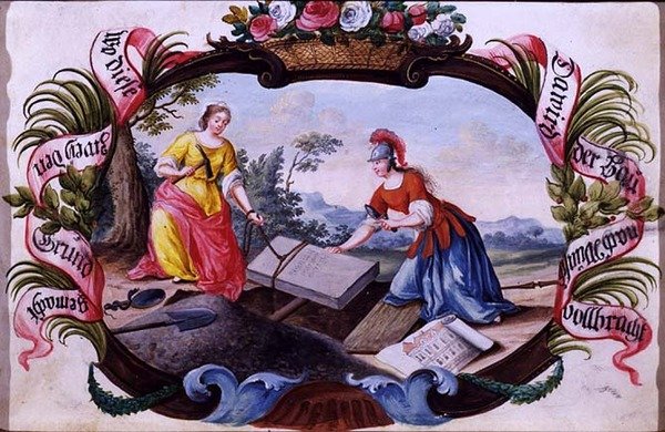 Minerva med en figur, der repræsenterer arkitektur, ca. 1640 (gouache på vellum) af German School