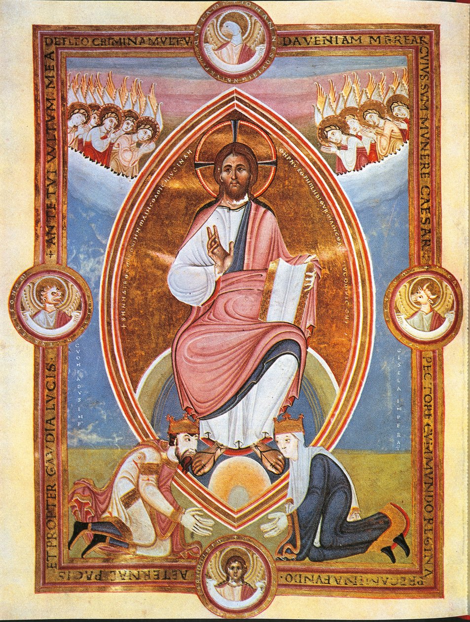 Miniature, der skildrer velsignelse af Kristus i en mandelformet aureola med kejser Conrad II og kejserinde Gisela ved hans fødder (vellum) af German School