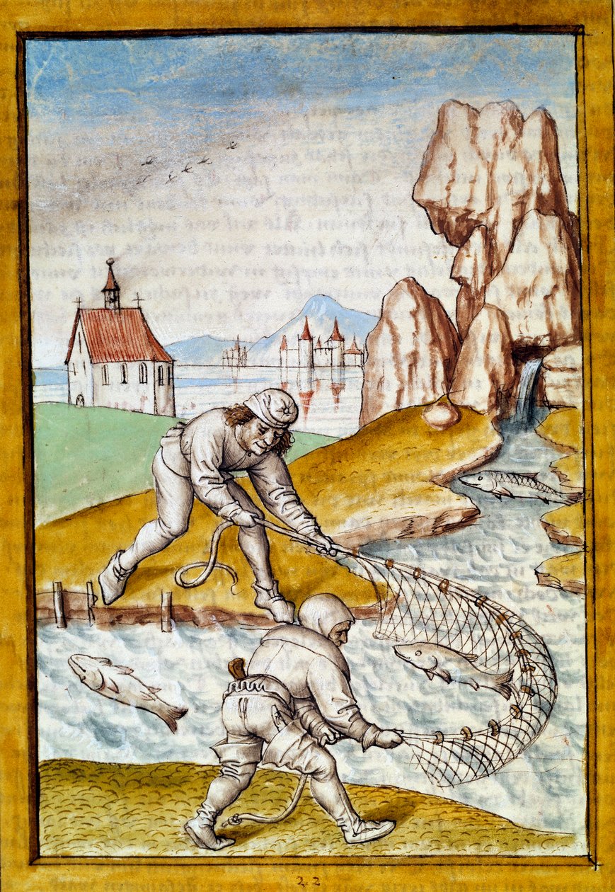 Miniature netfiskeri fra en tysk oversættelse af fablerne om "Kalila (Calila) og Dimna" af Bidpai. Chantilly fra det 15. århundrede, Musee Conde af German School