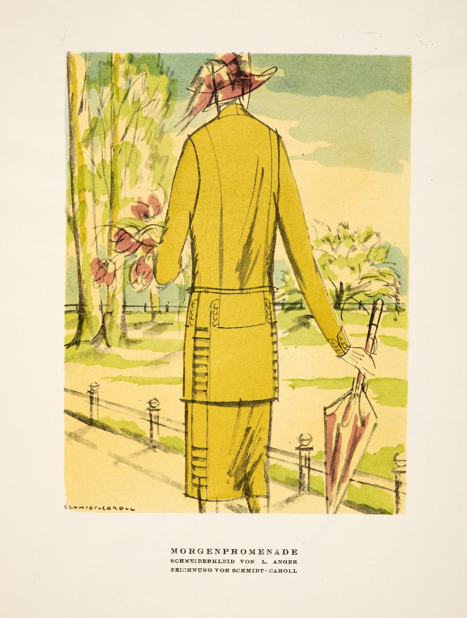 "Morgenpromenade", reklame for tøj af L. Anger, fra Styl, pub.1922 (pochoir print) af German School