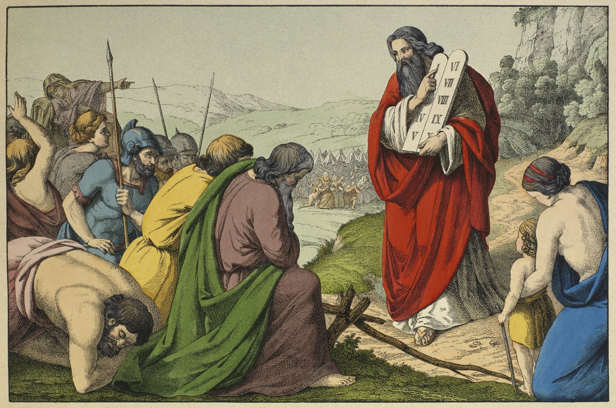 Moses og lovens tavler, illustration fra LANcien Testamente, udgivet af Jakob Ferdinand Schreiber, Esslingen (farvestik) af German School