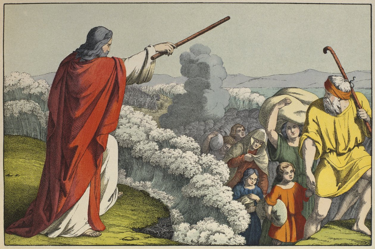 Moses deler vandet i Det Røde Hav, illustration fra LANcien Testamente, udgivet af Jakob Ferdinand Schreiber, Esslingen (farvestik) af German School