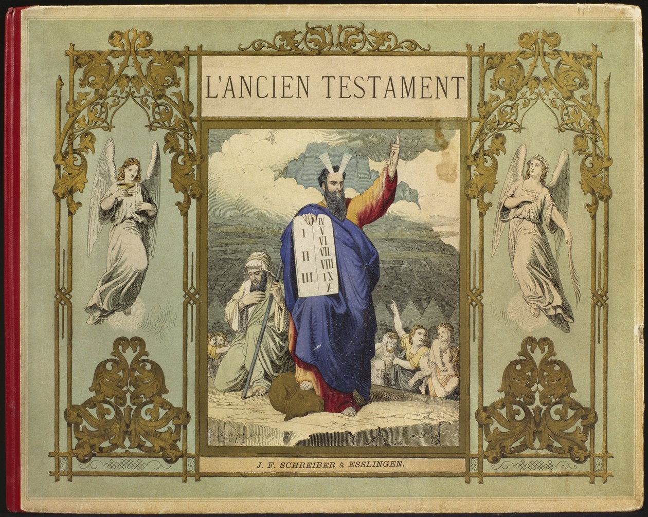 Moses modtager lovens tavler fra Gud på Sinai-bjerget, frontispice-illustration fra LAncien Testamente, udgivet af Jakob Ferdinand Schreiber, Esslingen (farvestik) af German School