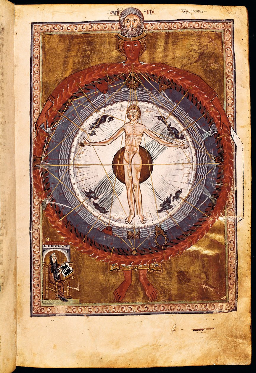 Ms 1942 The Cosmic Spheres and Human Being, vision af Hildegard af Bingen fra "Liber Divinorum Operum", ca. 1220-30 af German School