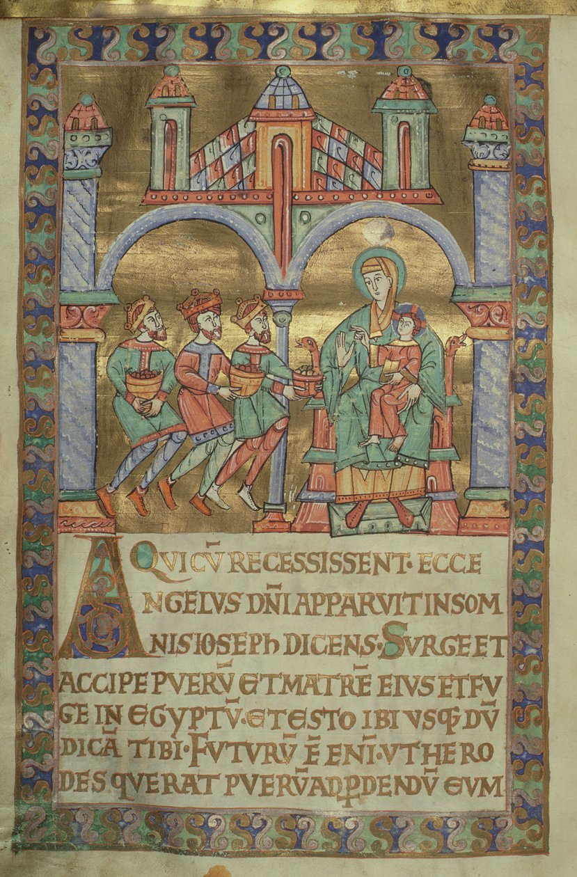 Fru Czart. 1207, IV, fol.V v. Adoration of the Magi, fra The Evangeliarium of Plock Cathedral, c.1075 af German School