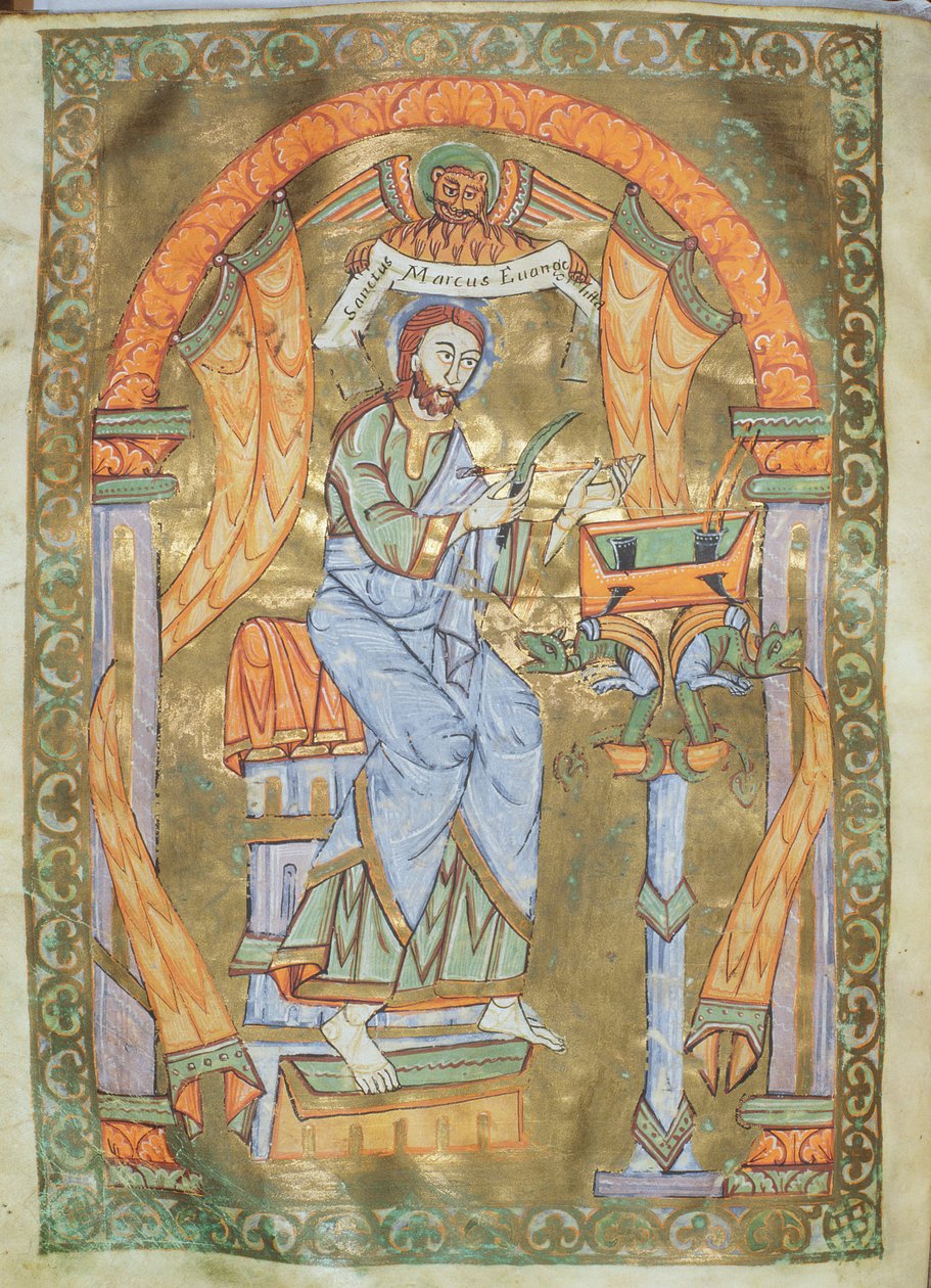 Ms Czart 1207 IV fol 76v St. Mark the Evangelist, fra The Evangeliarium of the Cathedral of Plock, c.1075 af German School