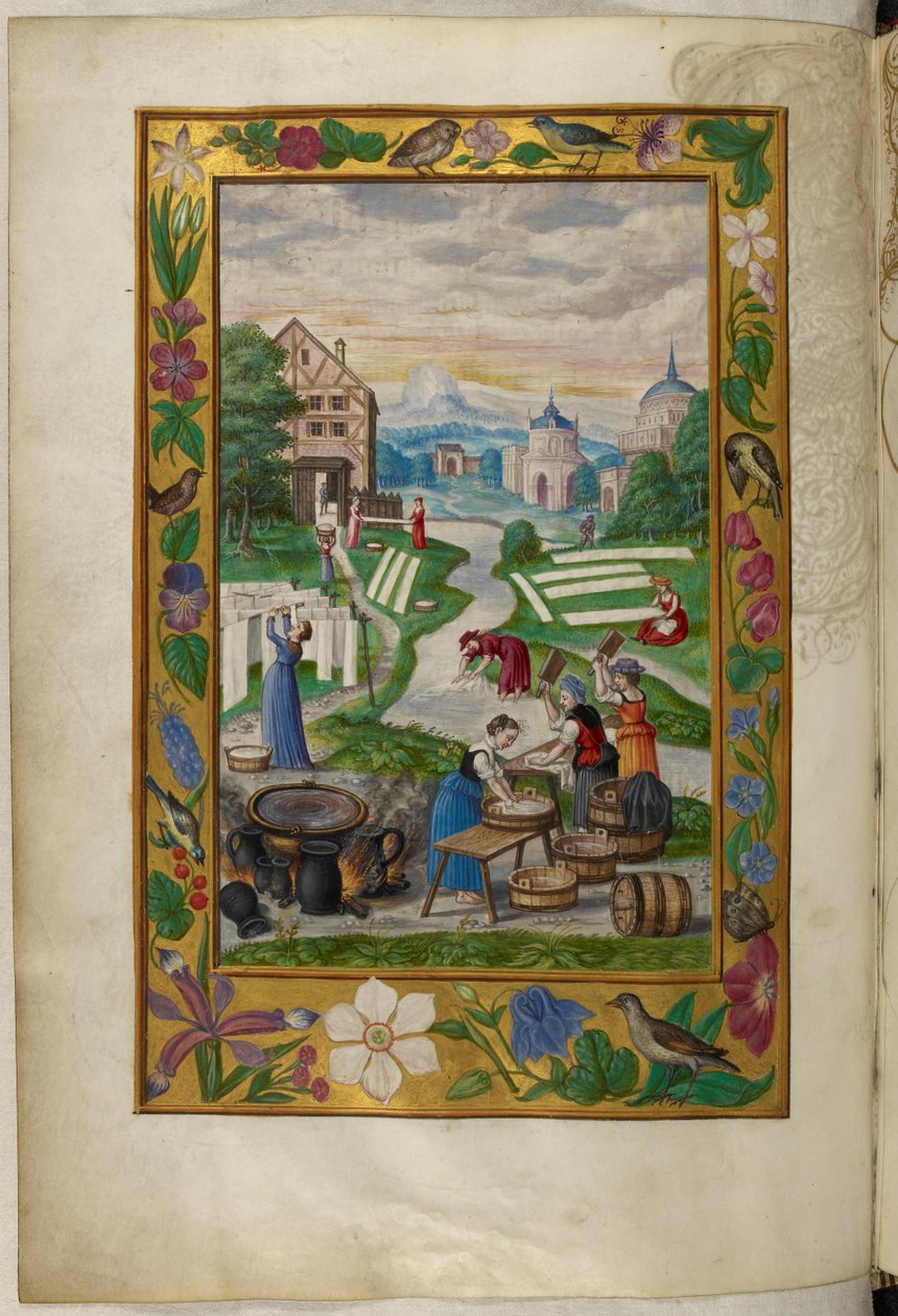 Ms Harley 3469, f.32v Kvinder beskæftiget med tøjvask, den femte afhandling, fra 