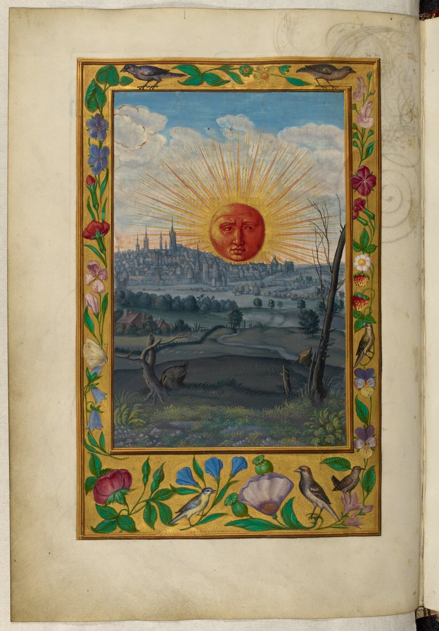 Ms Harley 3469, f.33v Sol med menneskeansigt stiger, den femte afhandling, fra 