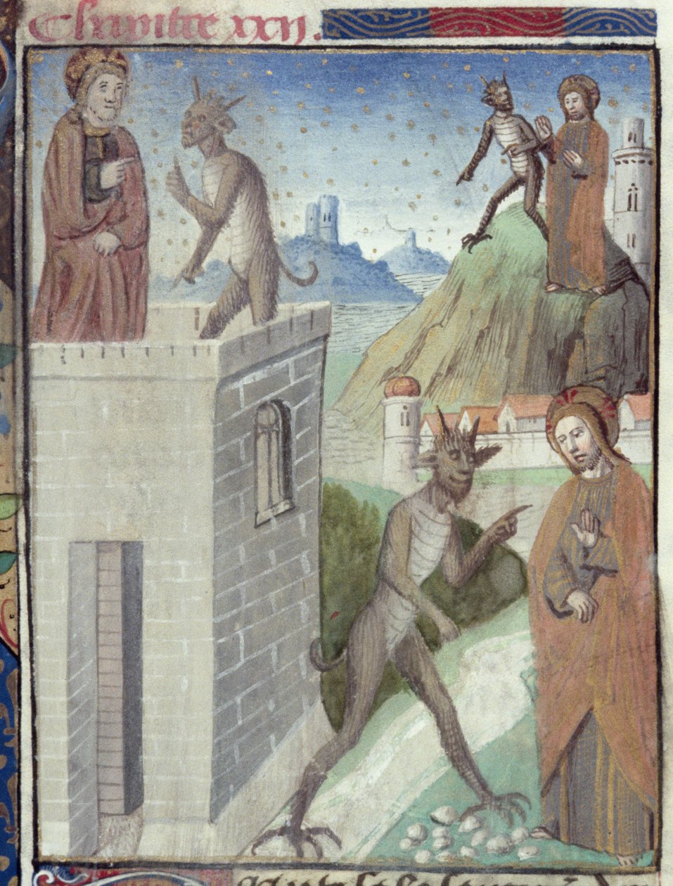 Ms Hunter 36 f.110r The Three Scenes of the Temptation, fra Vita Christi, af Ludolf af Sachsen, ca. 1300-7778 af German School