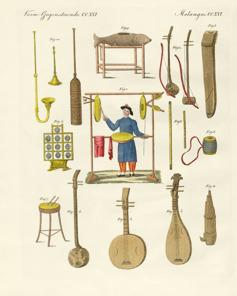 Kinesernes musikinstrumenter (farvet indgravering) af German School