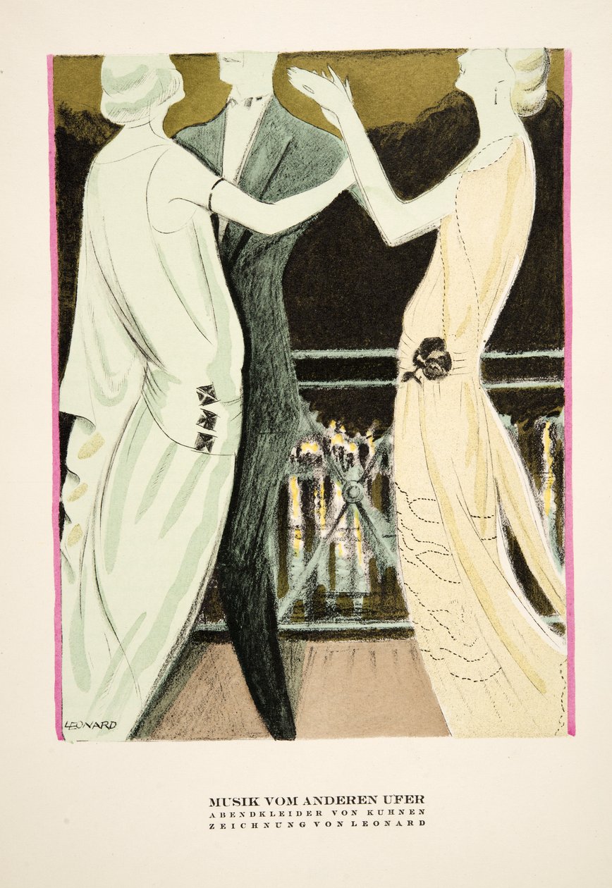 "Musik vom Anderen Ufer", reklame for aftenkjoler fra Kuhnen, fra Styl, pub.1922 (pochoir print) af German School