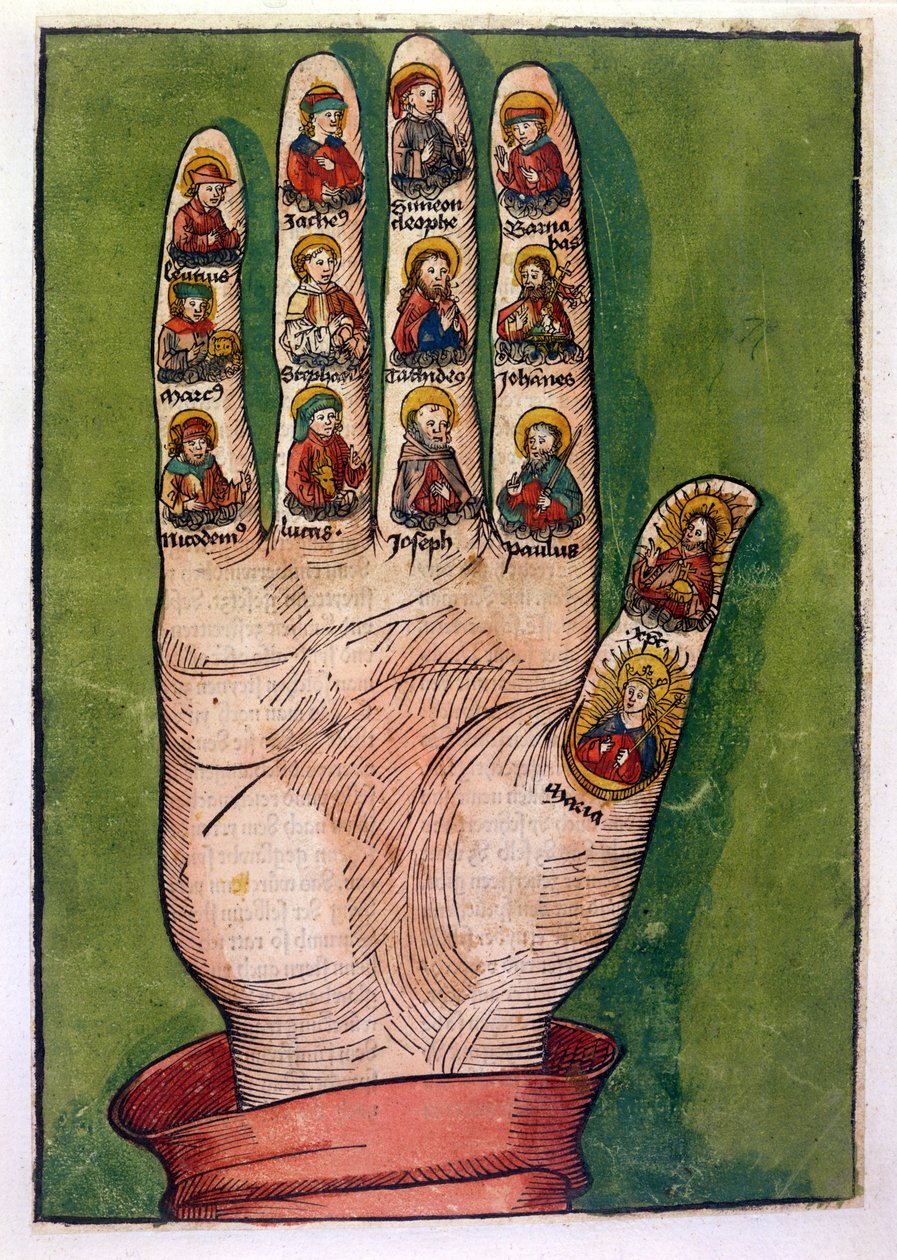 Mystisk hånd af Birgitta af Sverige, der forestiller Kristus, Jomfru Maria, apostle og andre, 1491 (håndfarvet indgravering) af German School