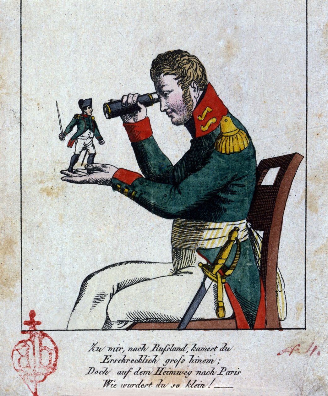 Napoleon I: det russiske felttog Hjemme, i Rusland, kom du frygtelig stor, men på vej tilbage til Paris, da du var (blev) lille! (desuden rimer det!!!) Kys. Tysk karikatur af det 19. århundrede af German School
