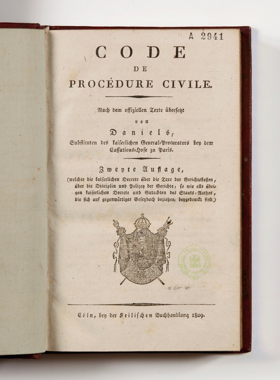 Napoleonsk retsplejelov for de franske departementer af Rhinens venstre bred, åben på titelbladet, Köln, 1809 (trykt papir) af German School
