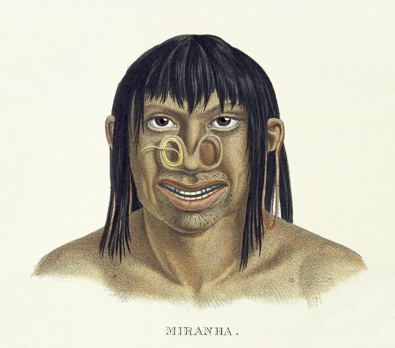 Indfødt mand af Miranha-stammen, med næsedekoration, fra Atlas of a Journey in Brazil af Johann Baptist von Spix (1781-1826) og Karl Friedrich Philipp Martius (1794-1868), udgivet ca. 1835-50 (kol. af German School