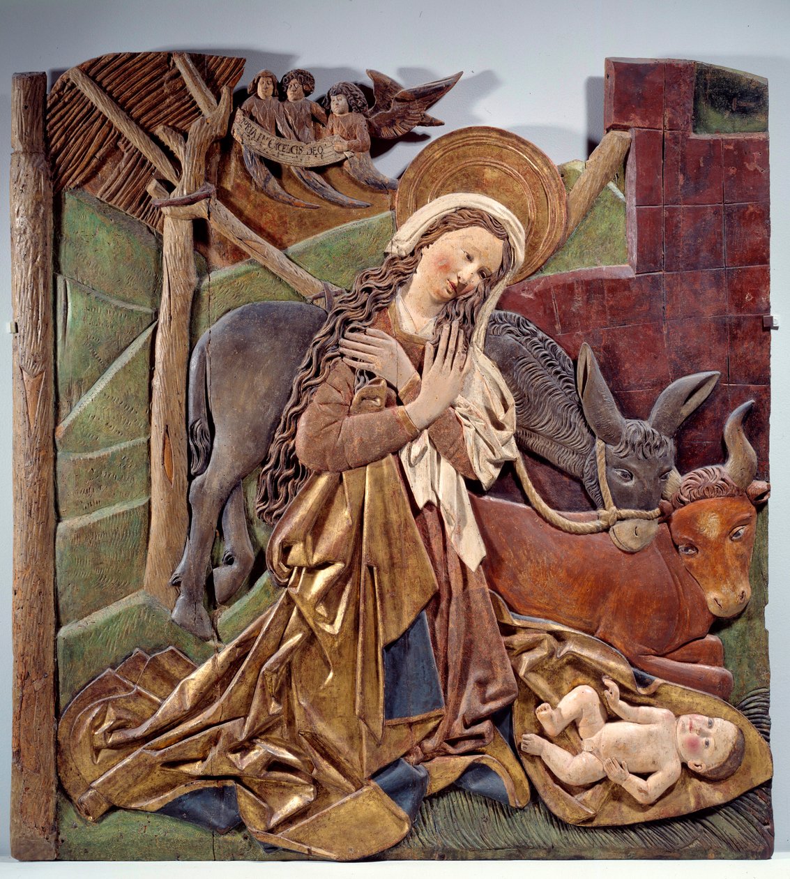 Nativitrelief på indersiden af altertavle i polykromt træ af den tyske skole. 1510 Dim. 1,12x1,11 m Paris, Musée du Louvre af German School