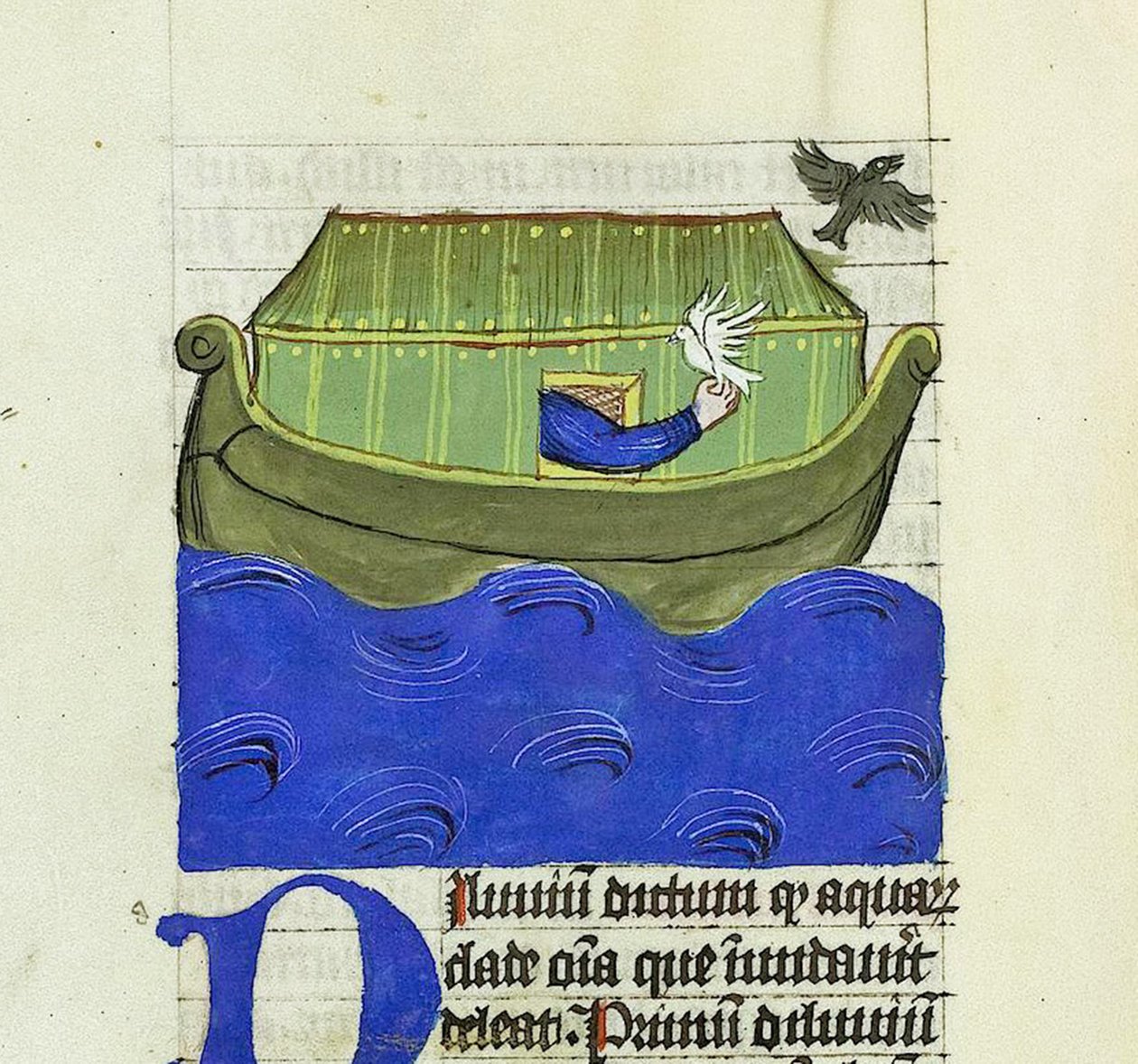 Noah slipper Duen og ravnen, De Rerum Natura - Rabanus Maurus, ca. 1425 (gouache på Vellum) af German School