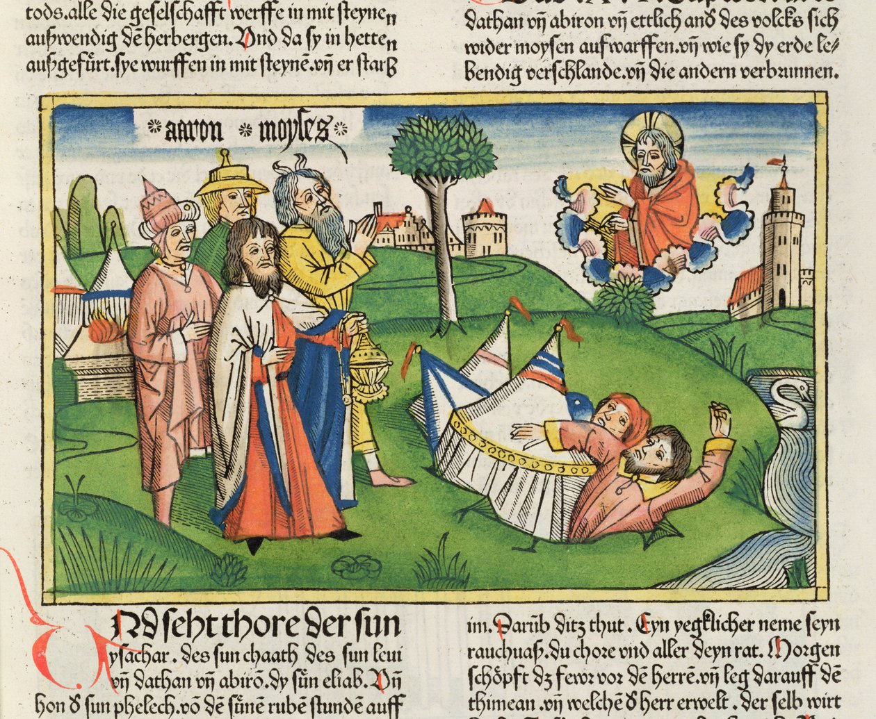 Nummer 16 32 Jorden sluger oprørerne Dathan og Abiram, fra Nürnbergbibelen (Biblia Sacra Germanaica) (farvet træsnit) af German School