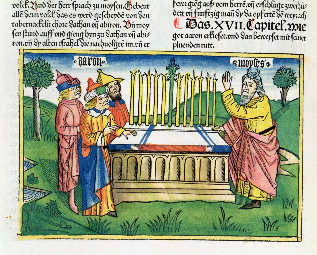 Nummer 17 1-11 Aarons stav blomstrer på alteret, fra Nürnbergbibelen (Biblia Sacra Germanaica) (farvet træsnit) af German School