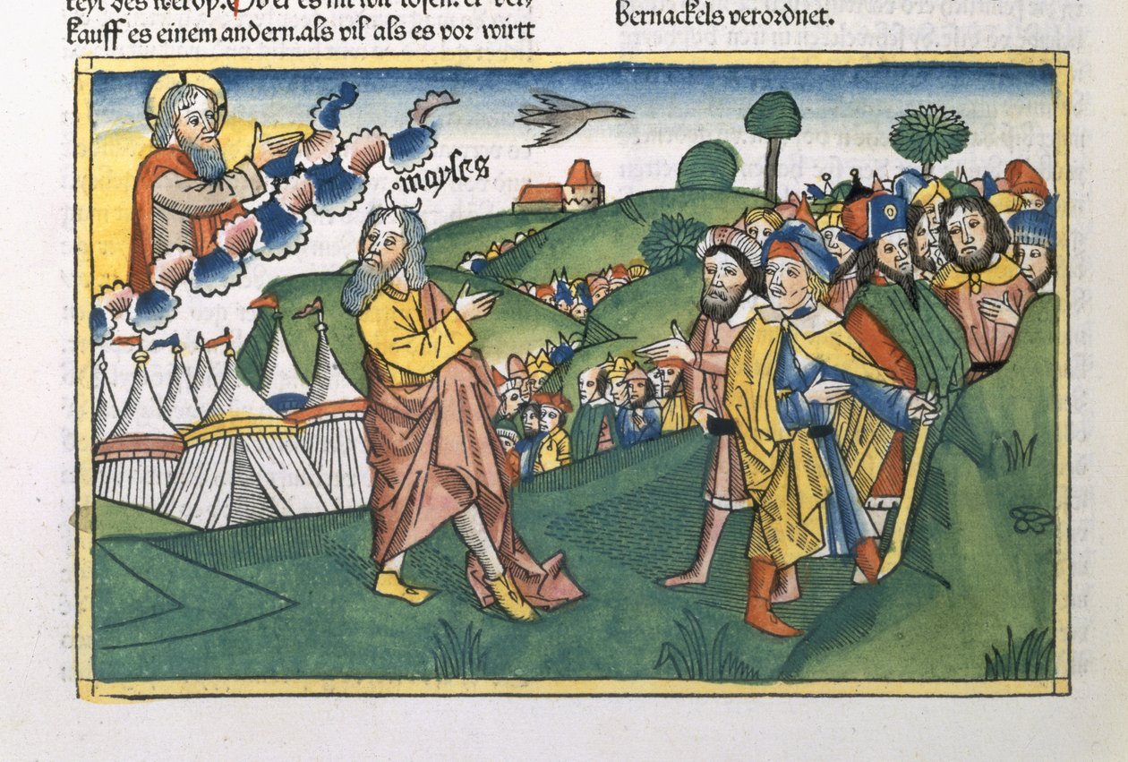 Nummer 1 1-20 Forberedelse til rejsen fra Sinai-bjerget, fra Nürnbergbibelen (Biblia Sacra Germanaica) (farvet træsnit) af German School