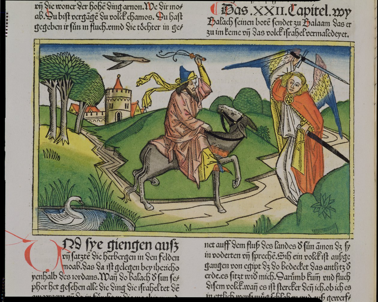 Nummer 22 20-35 Bileams talende røv, fra Nürnbergbibelen (Biblia Sacra Germanaica) (farvet træsnit) af German School