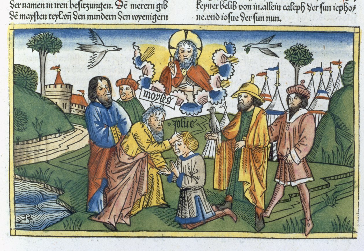 4. Mosebog 27 18-23 Moses lægger sin hånd på Joshua, fra Nürnbergbibelen (Biblia Sacra Germanaica) (farvet træsnit) af German School
