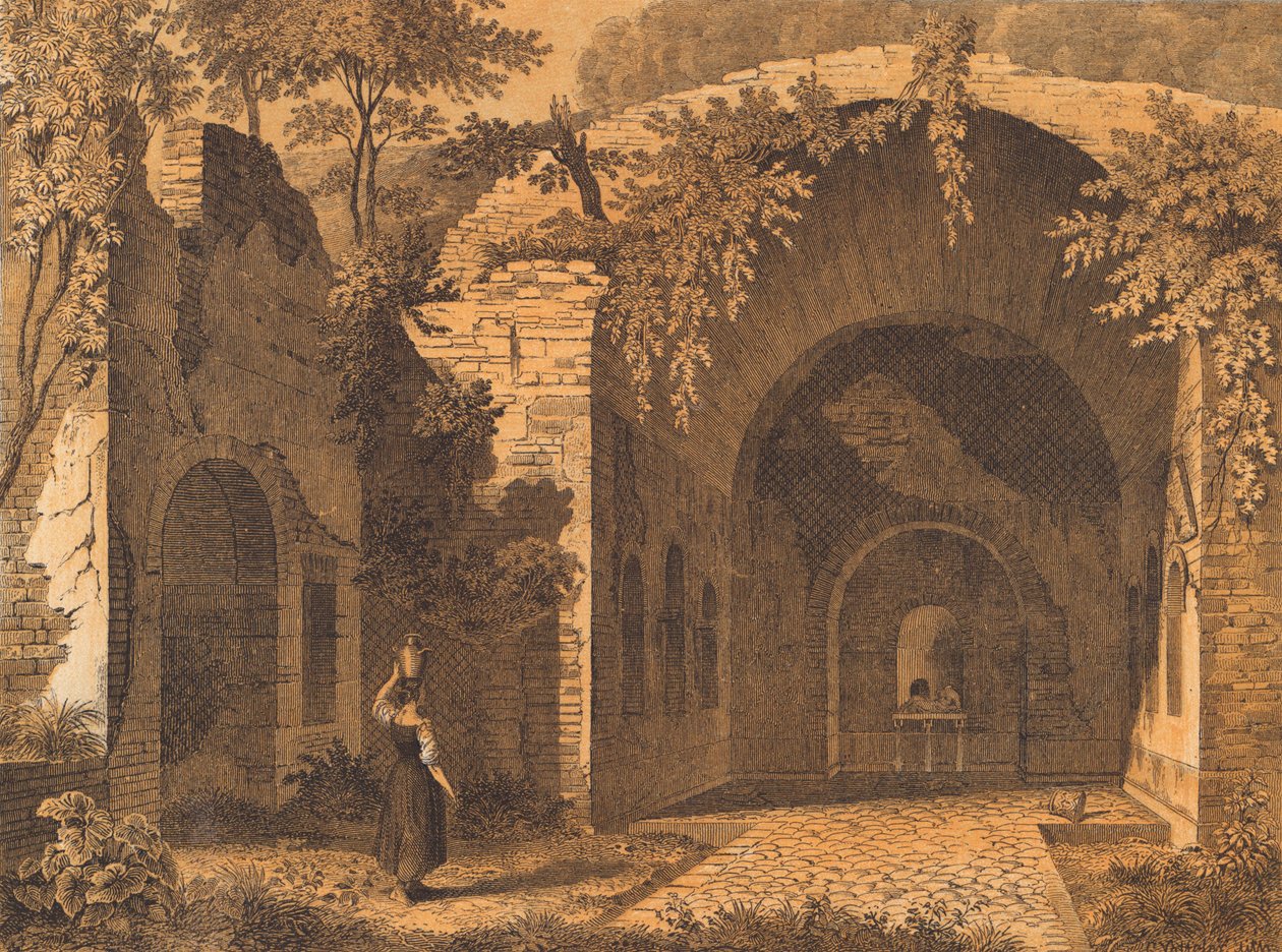 Nymphaeum of Egeria, Rom (farvelitografi) af German School