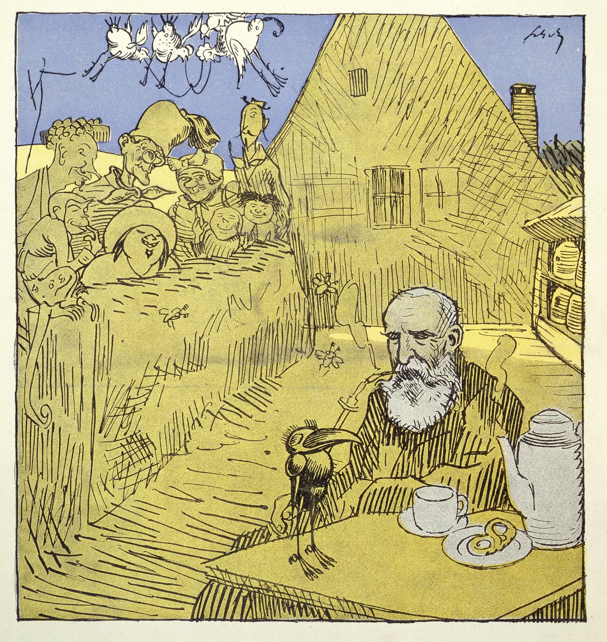 Nekrolog portræt af Wilhelm Busch (1832-1908) fra Simplicissimus magasin i januar 1908 af German School