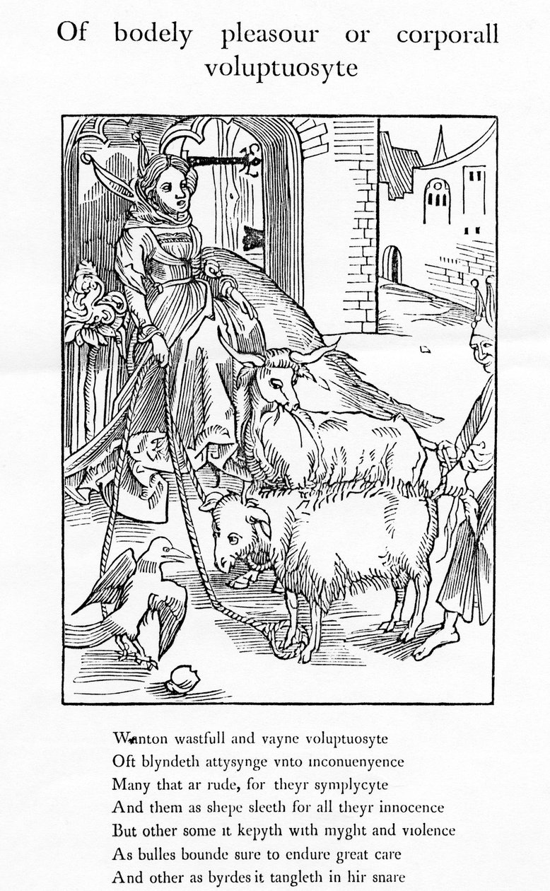 Of bodely pleasour or corporall voluptuosyte, illustration fra Alexander Barclays engelske oversættelse af "The Ship of Fools", fra en udgave fra 1874 af German School