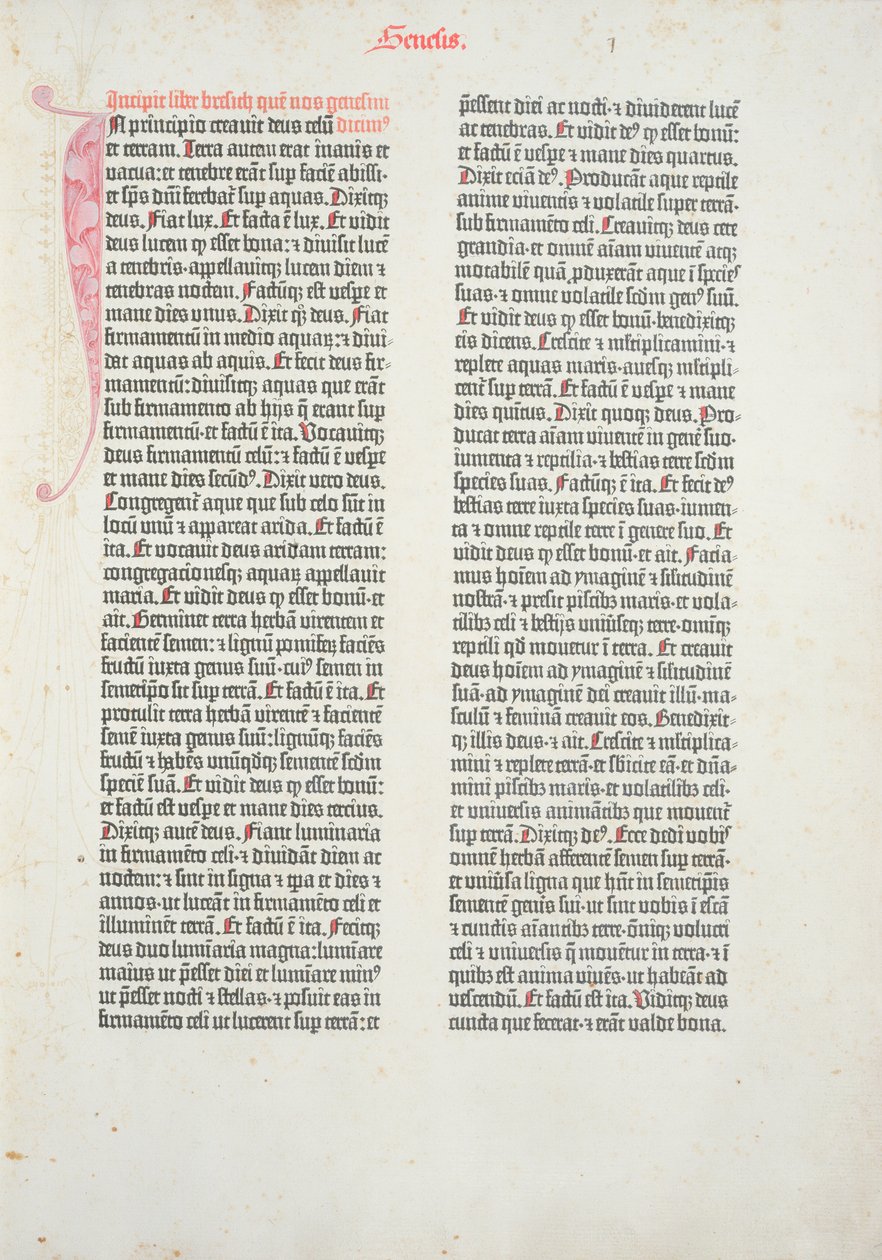 Åbningsside i 1. Mosebog fra Gutenberg-bibelen, trykt af Johannes Gutenberg (ca. 1400-68) og Peter Schoeffer (1425-1502) i Mainz, 1454-56 (trykt papir) af German School