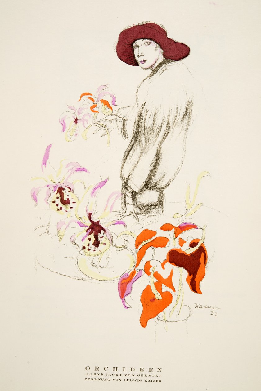 Orchideen, kort jakke af Gerstel, fra Styl, pub.1922 (pochoir print) af German School