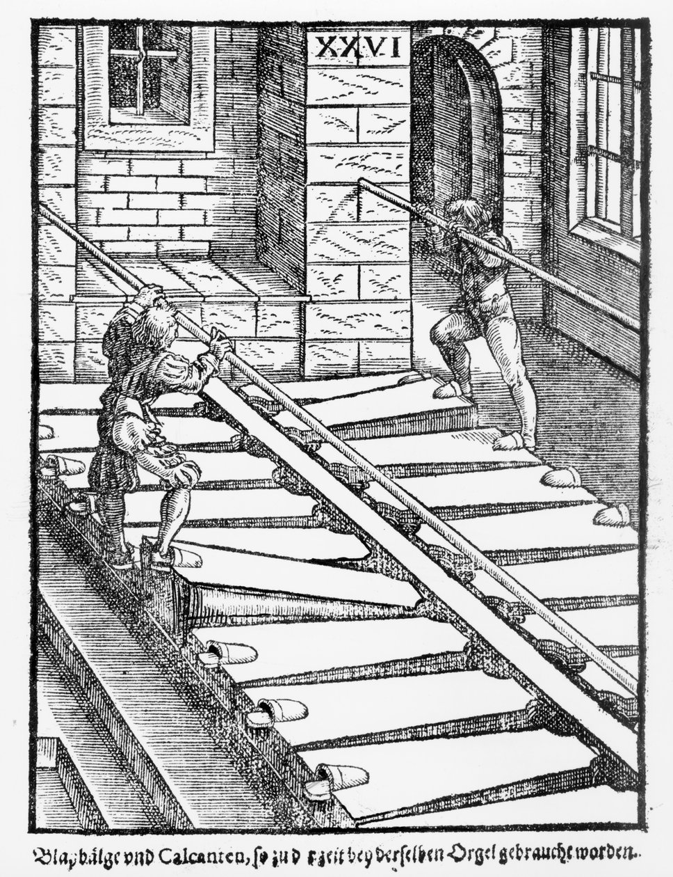 Orgelbælge og blæsere i Halberstadt-katedralen, fra Praetorius Syntagma Musicum, pub. i 1619 af German School