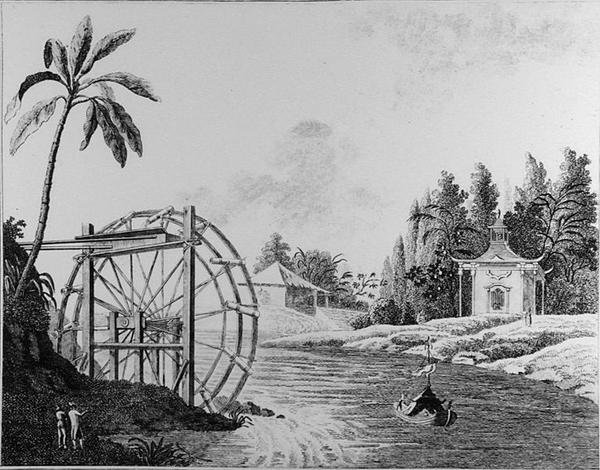 Ornamental vandhjul med kinesisk pavillon og sejlbåd, fra 