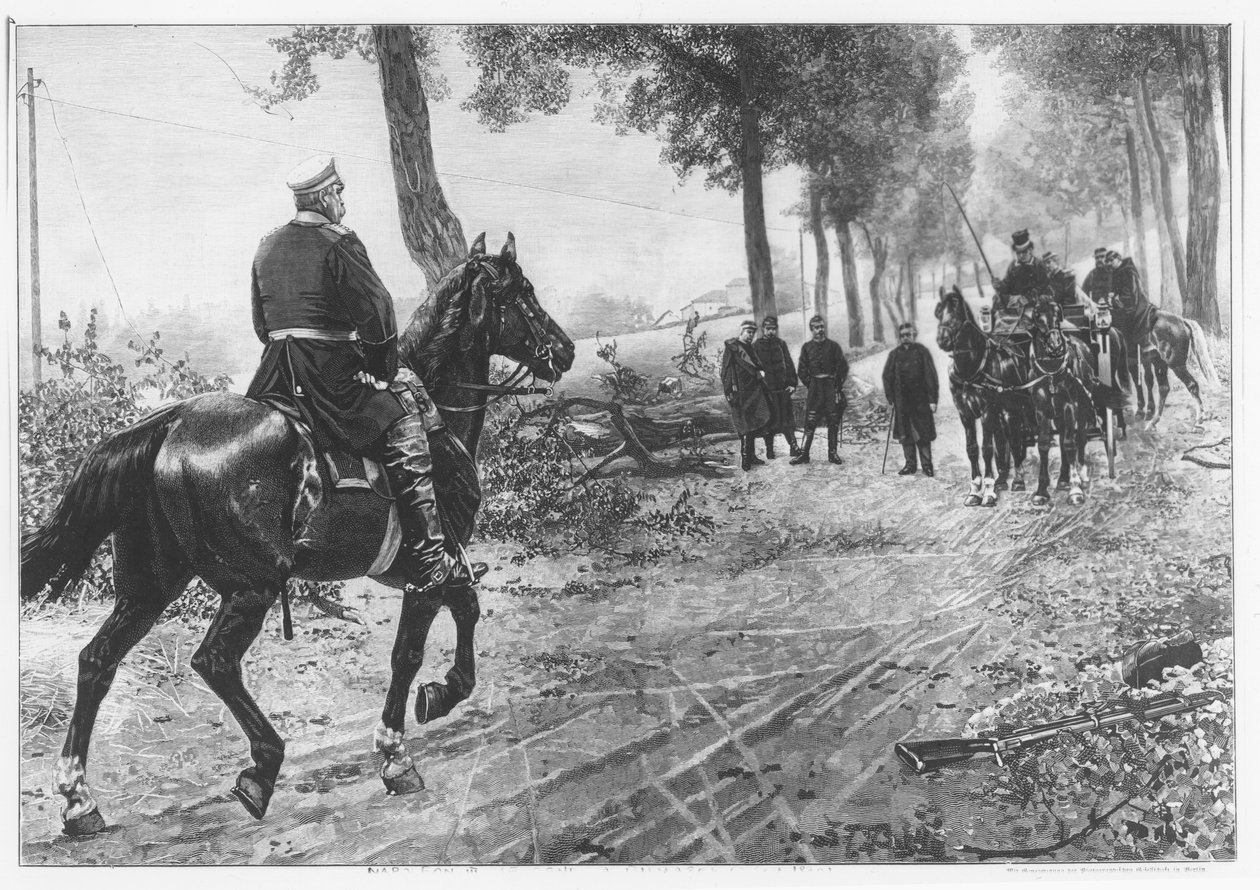 Otto von Bismarck og Napoleon III mødes i Chaussee Von Donchery den 2. september 1870 (gravering) af German School