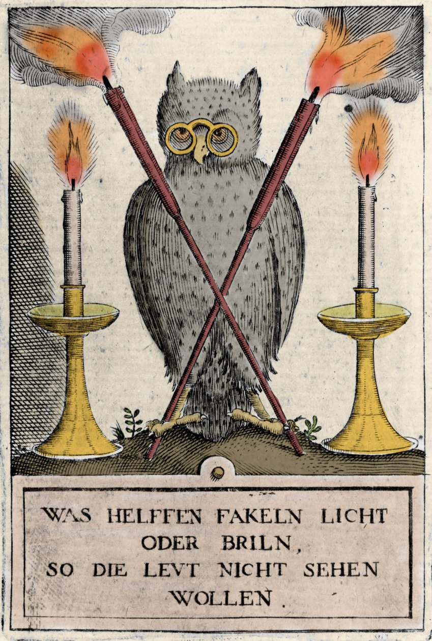 Ugle med briller, symbol på visdom. Indgravering af "Amphitheatrum sapientiae aeternae". (Amfiteater for evig visdom) (Hamburg: n.n. af German School