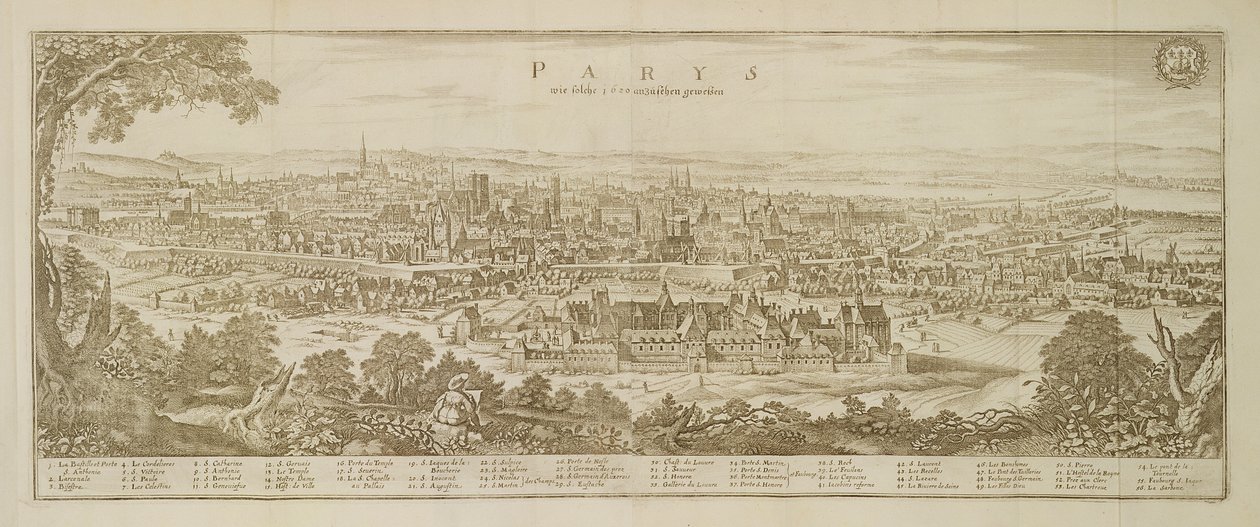 Panoramaudsigt over Paris i 1620, fra Topographia Galliae af Martin Zeiller (1589-1661) udgivet 1655 af German School