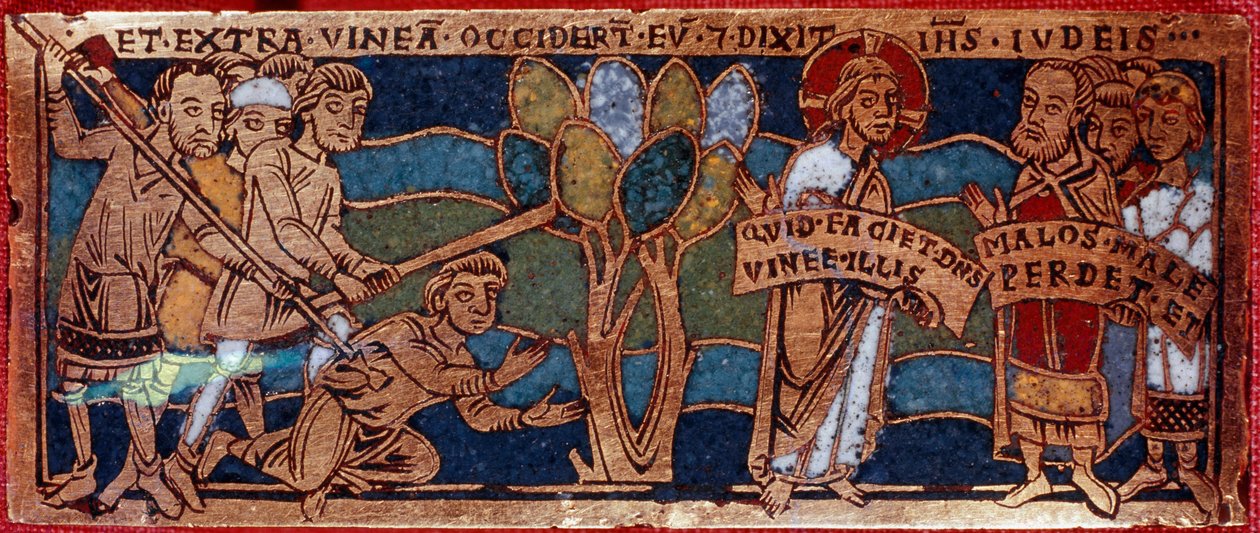 Lignelse om arbejderne af vinstokken eller lignelse om arbejderne i den ellevte time. Emaljeplade på kobber. Rhenane skole. 12. århundrede. Firenze, Nazionale Museo del Bargello af German School