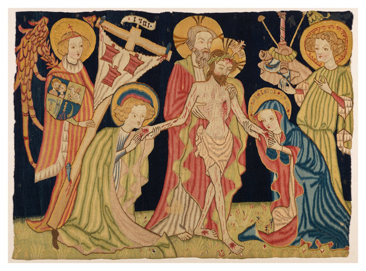En del af alteretæppet, der forestiller den hellige treenighed, jomfruen, Johannes og to engle, fra Nürnberg, ca. 1420 (uld og linned) af German School
