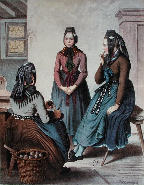 Skrælning af kartofler, midten af det 19. århundrede (farve litho) af German School