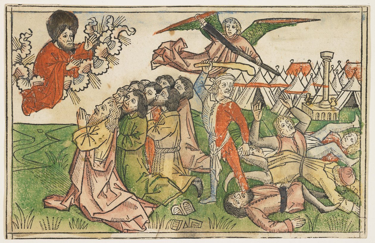 Folk i Israel straffet for at tilbede falske guder i omkring 1478, fra The Koberger Bible, Nürnberg, 1483 (håndfarvet træsnit) af German School
