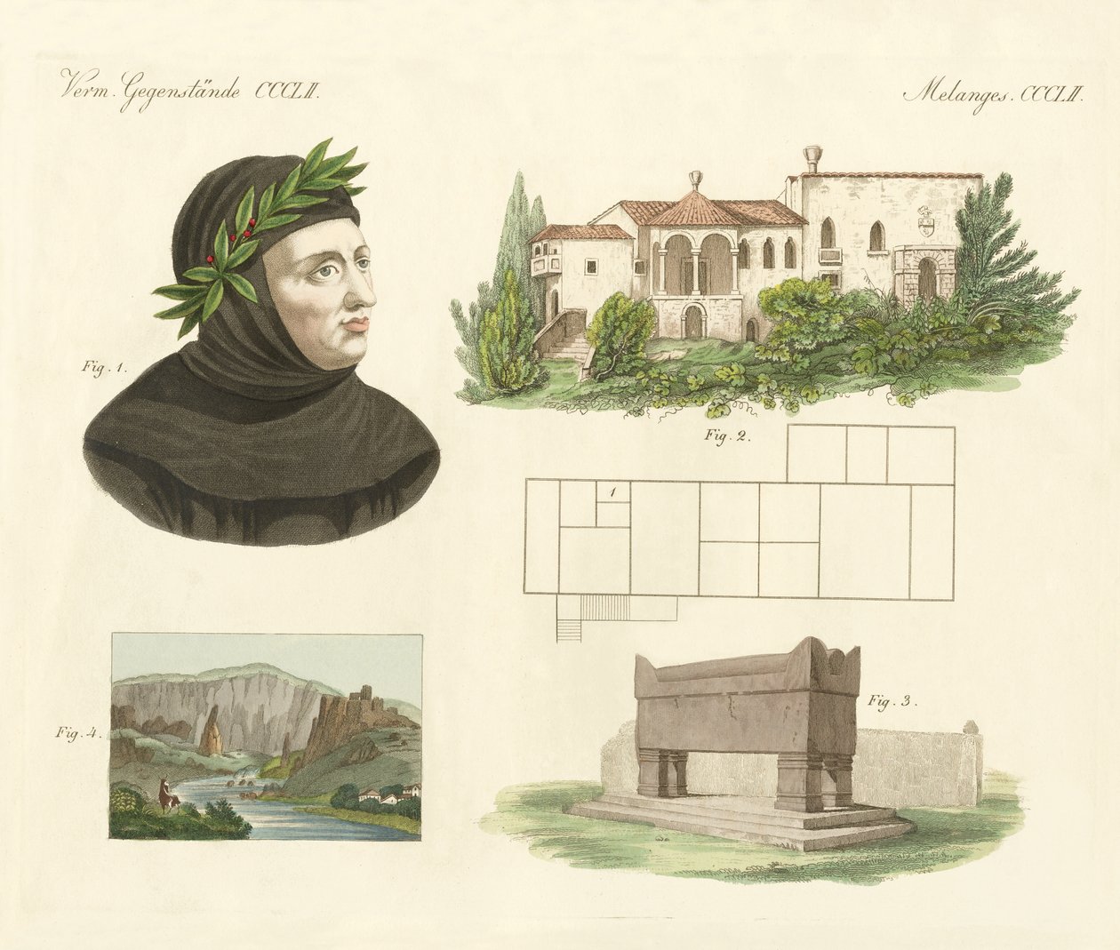 Petrarca, hans lejlighed i Arqua, hans grav sammen med udsigt over Vaucluse (farvet gravering) af German School