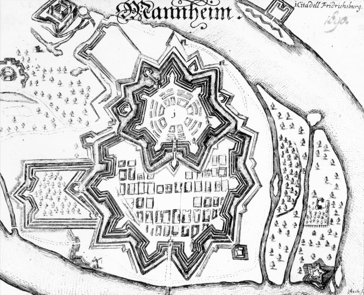 Plan af Mannheim, Tyskland 1690 af German School