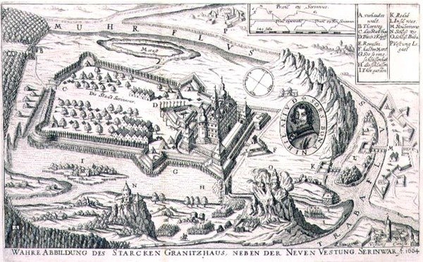 Plan over granithøjborgen nær New Serinwar i 1664, illustration fra en bog om de osmanniske felttog i Europa, indgraveret af Paul Furst (ca. 1605-66) (gravering) af German School