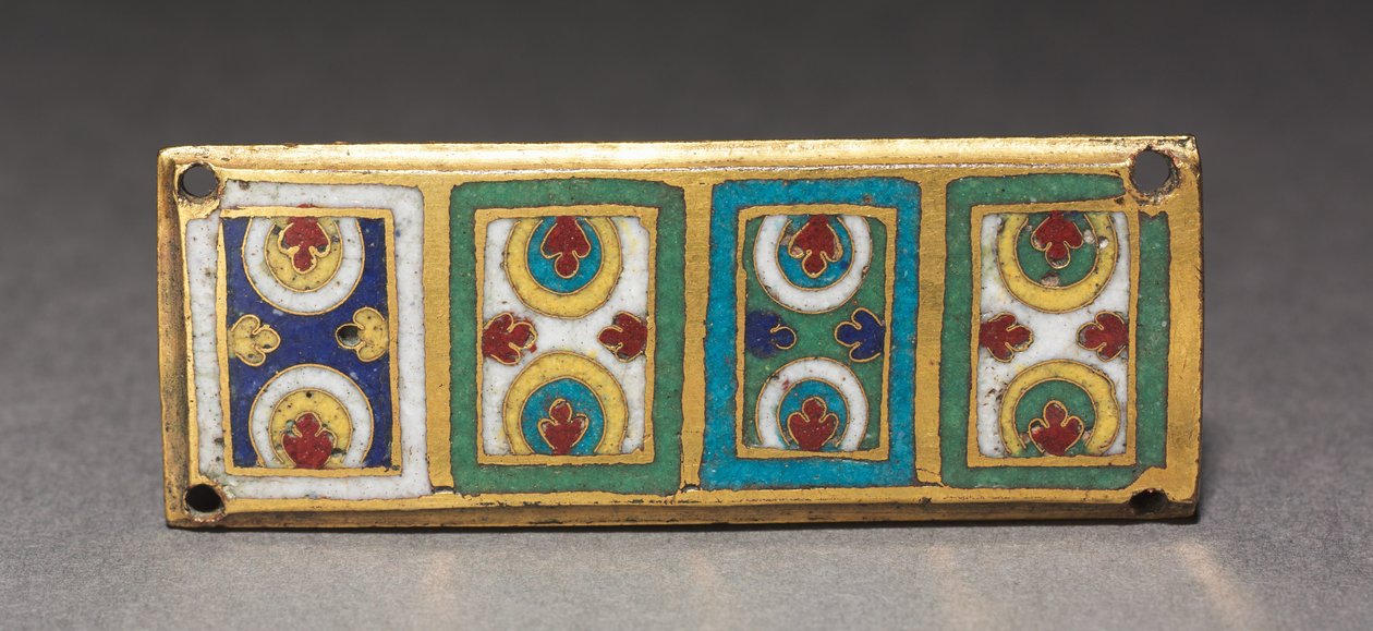 Plaque fra et relikvieskrin, ca. 1170 (forgyldt kobber, champlevé & cloisonné-emalje) af German School