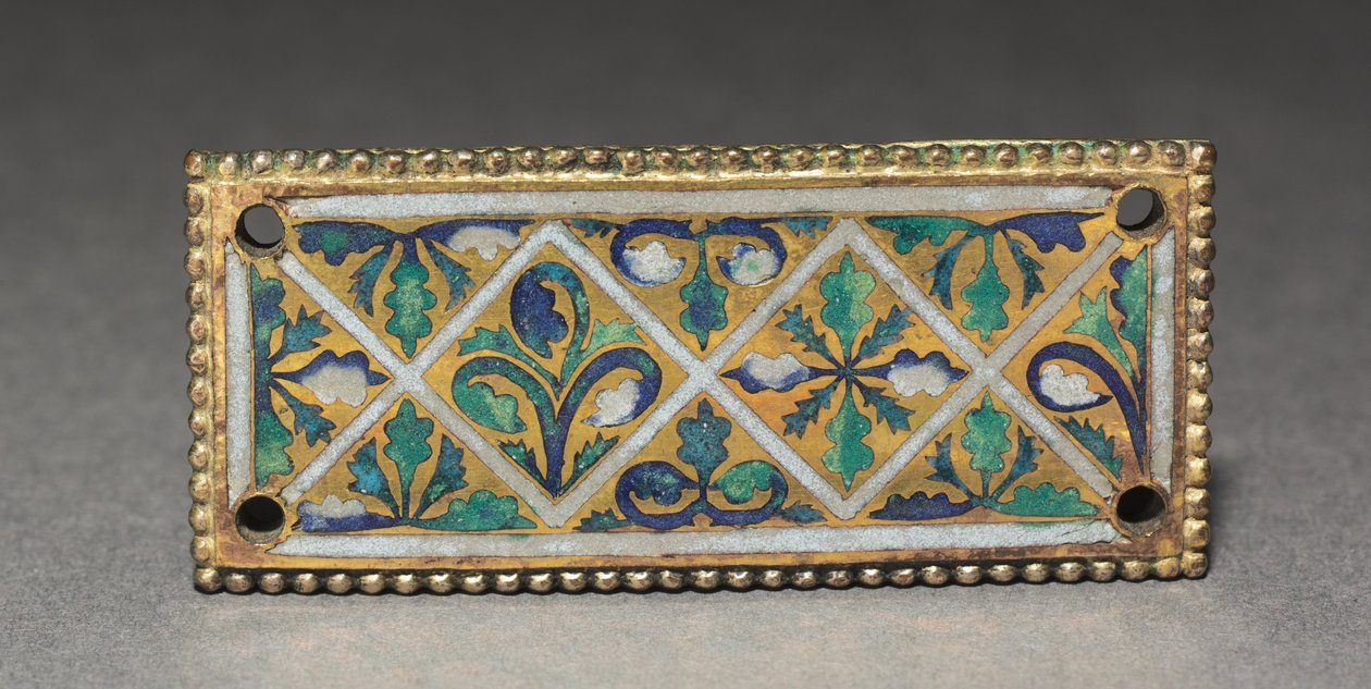Plaque fra et relikvieskrin, ca. 1170 (forgyldt kobber, champlevé & cloisonné-emalje) af German School