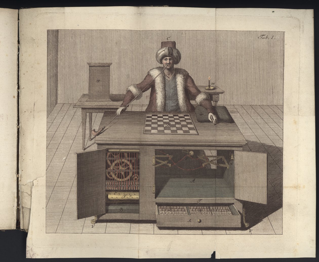 Tavle I fra, Om Herr von Kempelens skakspiller og hans replika, Leipzig og Dresden: Joh. Gottl. Broadhead, 1789 af German School