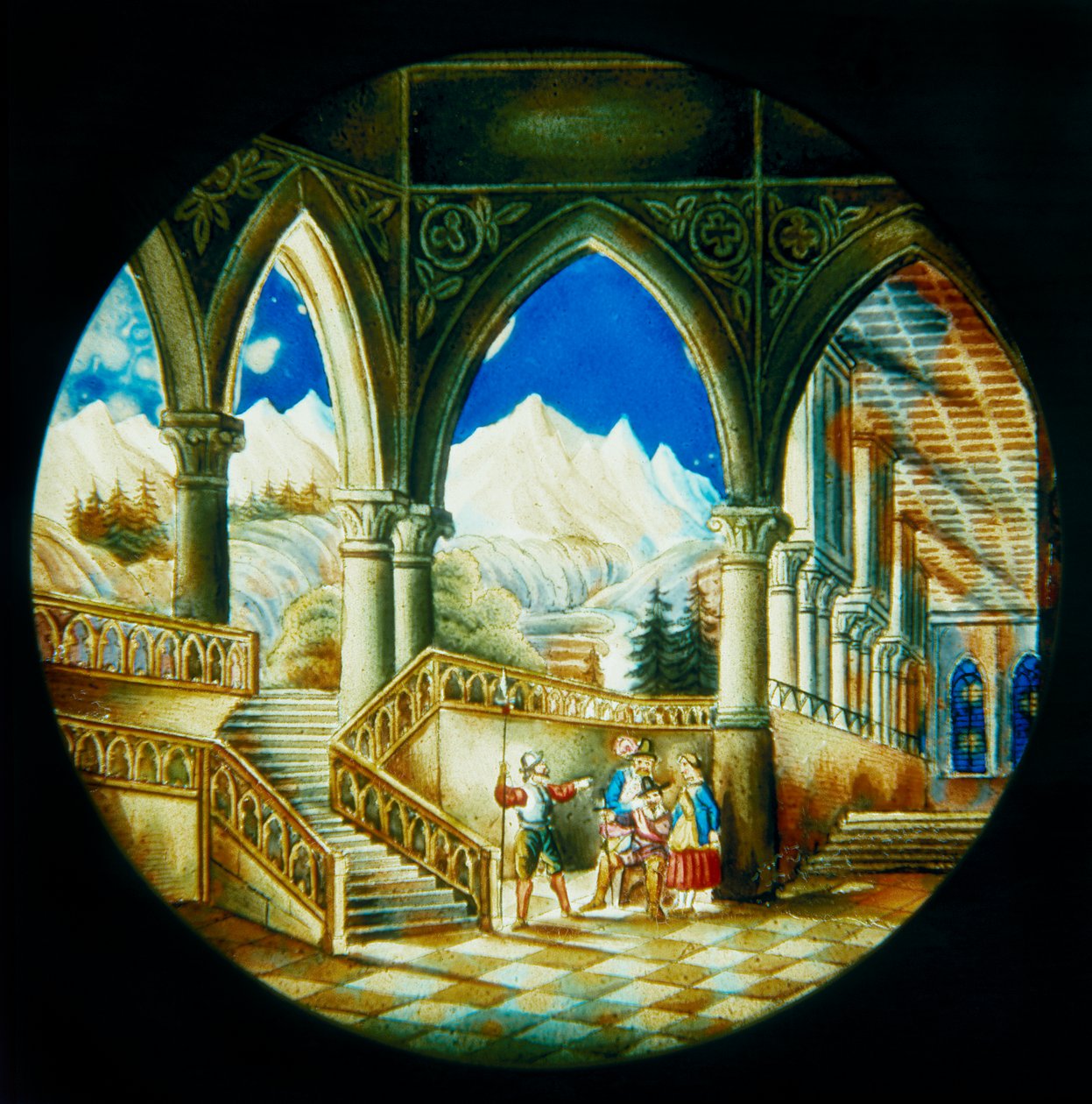 Plade malet i hånden, til Magic Lantern lavet i Tyskland, skildrer en indvendig udsigt over et palads og et landskab, første halvdel af 1800-tallet af German School