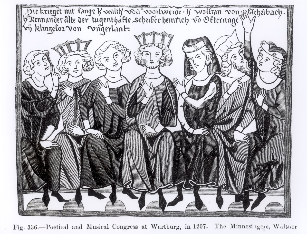 Poetisk og musikalsk kongres, Wartburg, 1207, illustration fra videnskab og litteratur i middelalderen og renæssancen, skrevet og indgraveret af Paul Lacroix, 1878 af German School