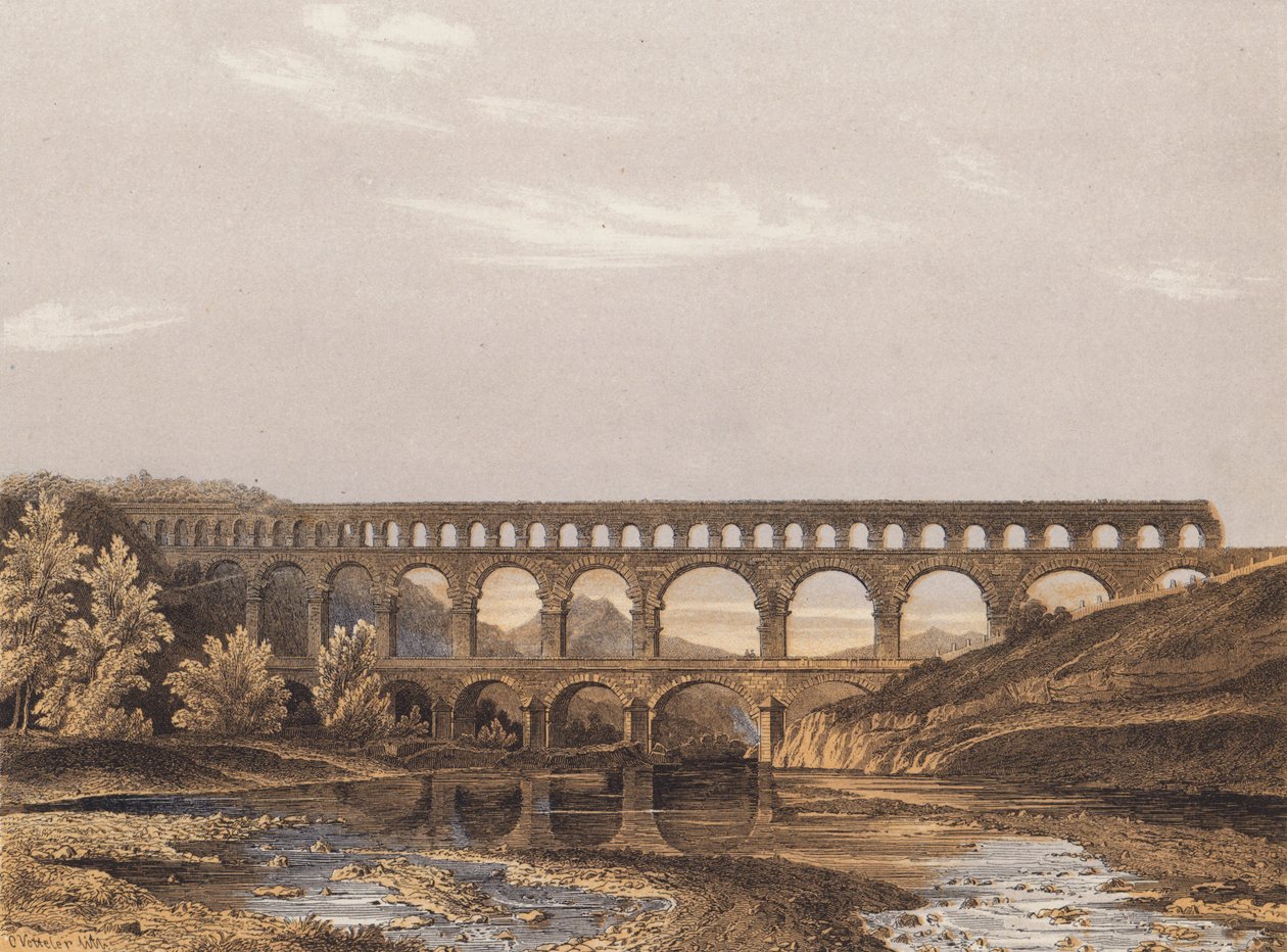 Pont du Gard, romersk akvædukt, Nimes, Frankrig (farvelitografi) af German School